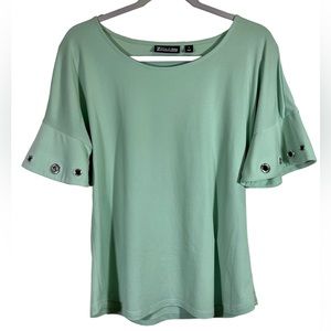 New York & Company 7th Avenue Design Teal Green Blouse Gromet Bell Sleeve Size M